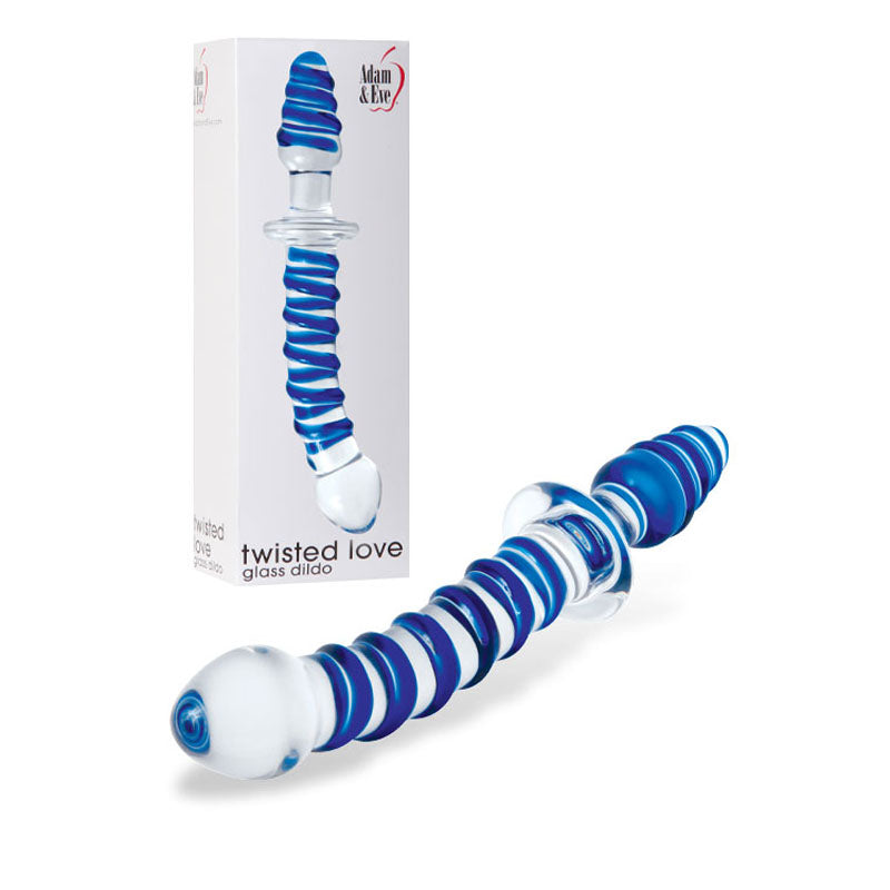 The Adam & Eve Twisted Love Glass Dildo, showcased with blue spiral ridges and bulbous ends, comes in a branded white box with its image. This 24 cm shatter-resistant glass dildo is crafted for adult use and designed for pleasurable G-Spot massage.