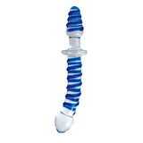 The Adam & Eve Twisted Love Glass Dildo is a 24 cm double-ended dong with shatter-resistant glass and a spiral design. It features a rounded tip for G-Spot massage, a flat bulbous tip, and blue swirls along the shaft divided by a clear central disc.