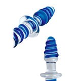 The Adam & Eve Twisted Love Glass Dildo is expertly crafted for G-Spot massage with a blue and clear glass spiral design, featuring a transparent base and textured, ribbed upper section. Its polished, shatter-resistant surface highlights the sleek artistic allure of this 24 cm (9.5) double-ended dong.