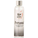 A clear plastic bottle of Adam & Eve Personal Water-Based Lubricant, featuring a silver cap and a red apple design label, highlights its silky smooth texture and latex compatibility for long-lasting pleasure.