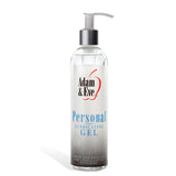 A clear pump bottle labeled Adam & Eve Personal - Water Based Gel Lubricant provides silky, latex-compatible lubrication. Featuring a stylized red apple logo, the bottom reads Thick and rich gel for long-lasting pleasure. Comes in a 237 ml (8 oz) size.