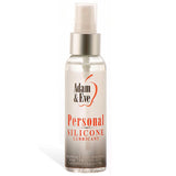 The Adam & Eve Personal Silicone Lubricant comes in a clear 118 ml bottle with a silver pump cap and features the logos red apple. Slippery and smooth, it ensures long-lasting pleasure, with red and black text, while being latex compatible for seamless satisfaction.