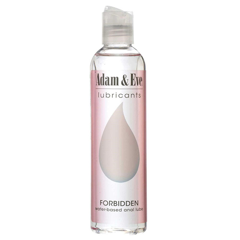 The Adam & Eve Forbidden Water Based Anal Lubricant bottle has a clear design with a pink label, a large droplet graphic, and FORBIDDEN long-lasting water-based anal lube text. The flip-top cap ensures ease of use, and its latex compatible for your comfort and safety.