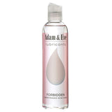 The Adam & Eve Forbidden Water Based Anal Lubricant bottle has a clear design with a pink label, a large droplet graphic, and FORBIDDEN long-lasting water-based anal lube text. The flip-top cap ensures ease of use, and its latex compatible for your comfort and safety.