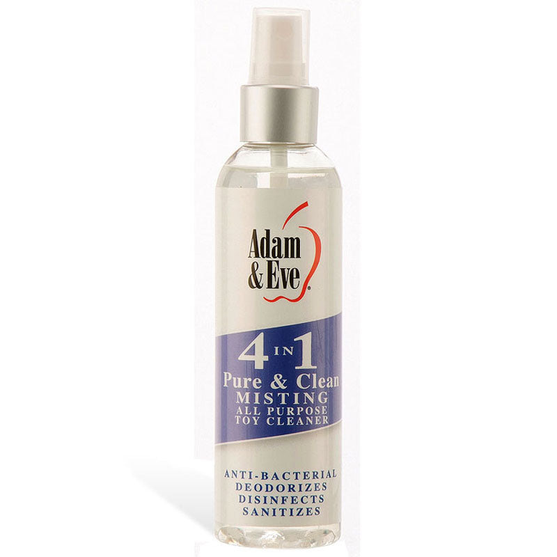 Adam & Eves 4-in-1 Pure & Clean Toy Cleaner comes in a 118 ml clear spray bottle with a white pump top and features a purple label with red text, showcasing its antibacterial, deodorizing, disinfecting, and sanitizing properties.