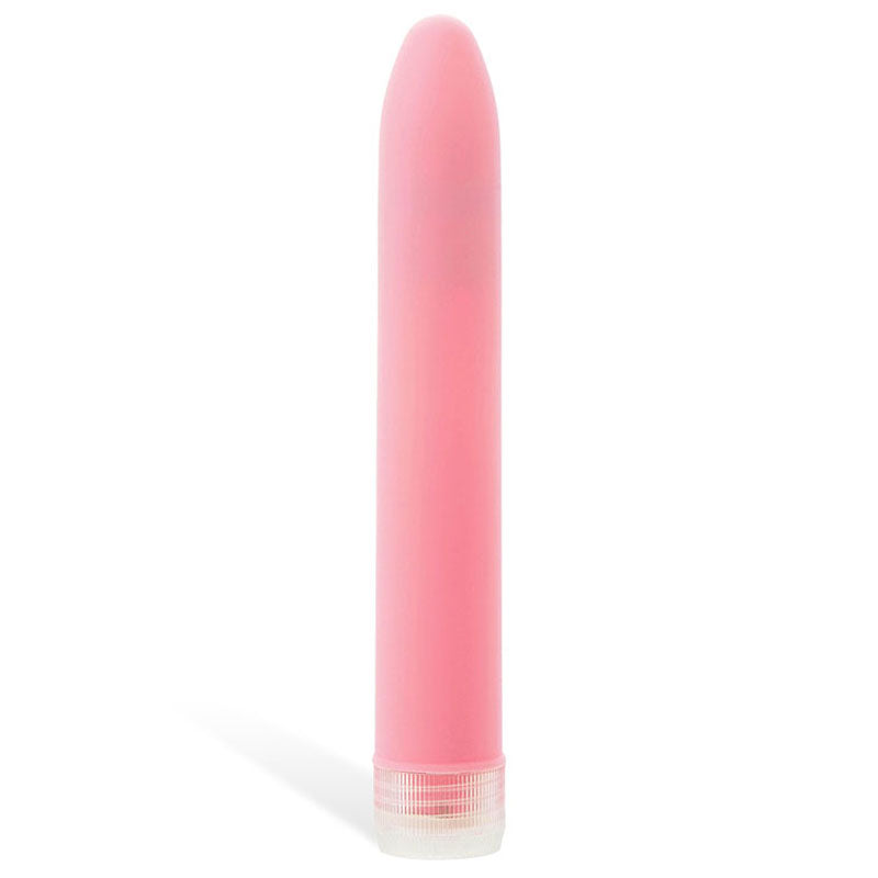 The Adam & Eve Velvet Kiss Vibrator - Pink, measuring 15.2 cm, stands vertically against a white background. Its cylindrical with a smooth surface and rounded tip featuring multi-speed vibrations. The slightly transparent base reveals an interior component and casts a faint shadow to the left.