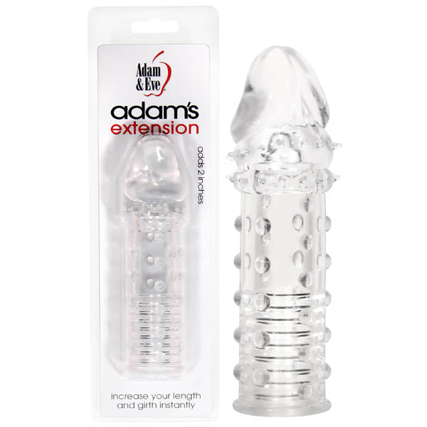 A textured, transparent penis sleeve with a pronounced tip sits beside the white packaging labeled Adam & Eve Adams Extension. It features sensation nubs, rings, and raised dots for realism and promotes increased length and girth with black and red text.