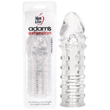 A textured, transparent penis sleeve with a pronounced tip sits beside the white packaging labeled Adam & Eve Adams Extension. It features sensation nubs, rings, and raised dots for realism and promotes increased length and girth with black and red text.