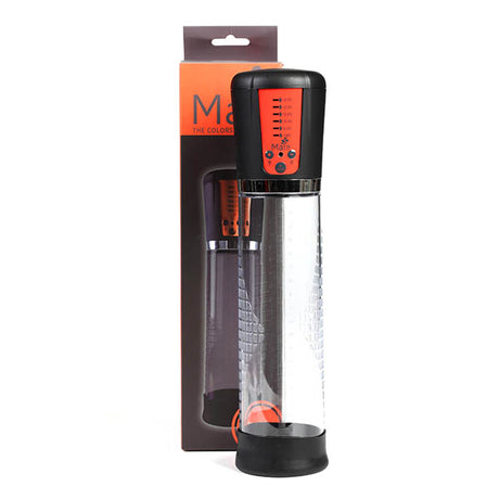 The Maia Jackson Penis Pump is a clear cylindrical device made of medical-grade silicone with a black top and bottom. It features measurement markings, a control panel, and comes in a black and orange box with a transparent window for display.