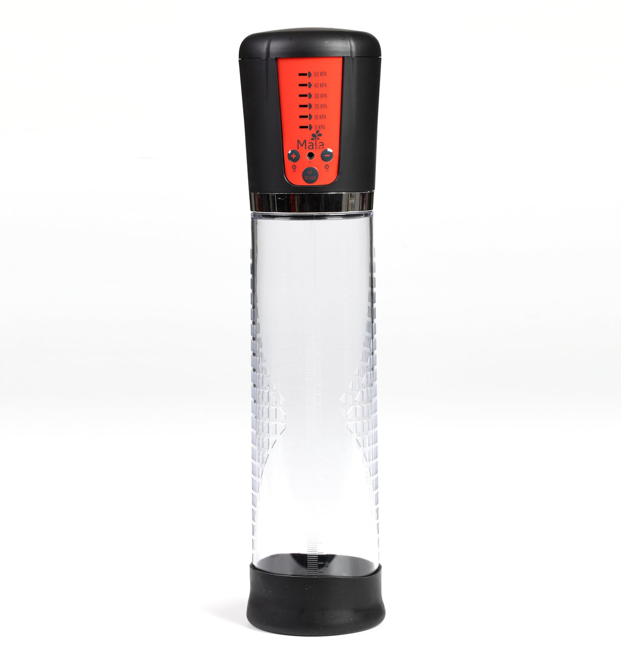 The Maia Jackson Clear USB Rechargeable Penis Pump features a sleek cylindrical design with silicone vacuum seal technology and black top and bottom. An orange label on the top displays measurements alongside buttons for suction power settings. Its textured surface ensures grip.