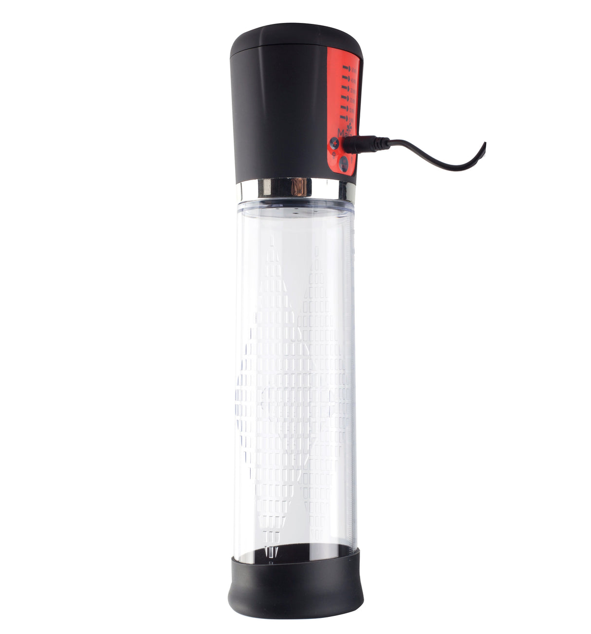 The Maia Jackson is a transparent cylindrical rechargeable penis pump with a digital display on its black/red cap. Featuring control buttons, a power cord at the top, silicone vacuum seal for enhanced function, and textured surface, it stands on a black base.