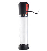 The Maia Jackson is a transparent cylindrical rechargeable penis pump with a digital display on its black/red cap. Featuring control buttons, a power cord at the top, silicone vacuum seal for enhanced function, and textured surface, it stands on a black base.