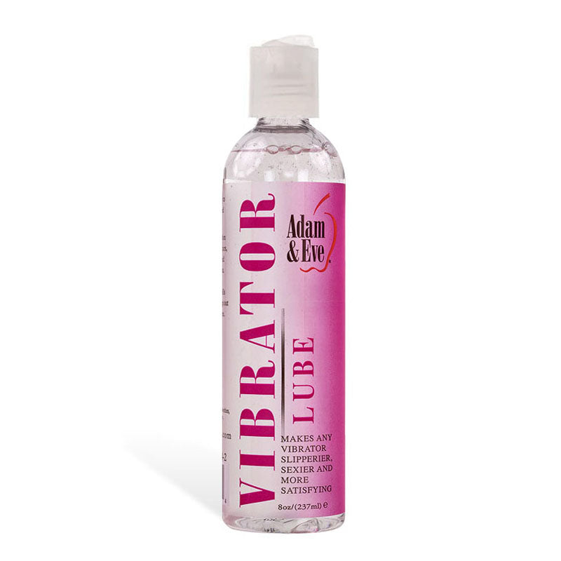 The Adam & Eve Vibrator Lube comes in a clear plastic bottle with a pink and white label, boasting the slogan Makes any vibrator play slipperier, sleeker, and more satisfying. This water-based lubricant is latex compatible and easy to use with its clear flip-top cap. Contains 237 ml (8 oz).