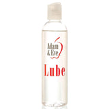 The Adam & Eve Lube is a water-based lubricant housed in a clear plastic bottle with a flip-top cap. The bottle, containing transparent liquid, displays an apple outline around the brand name against a plain white background. It holds 237 ml (8 oz) of sensual lubricant.