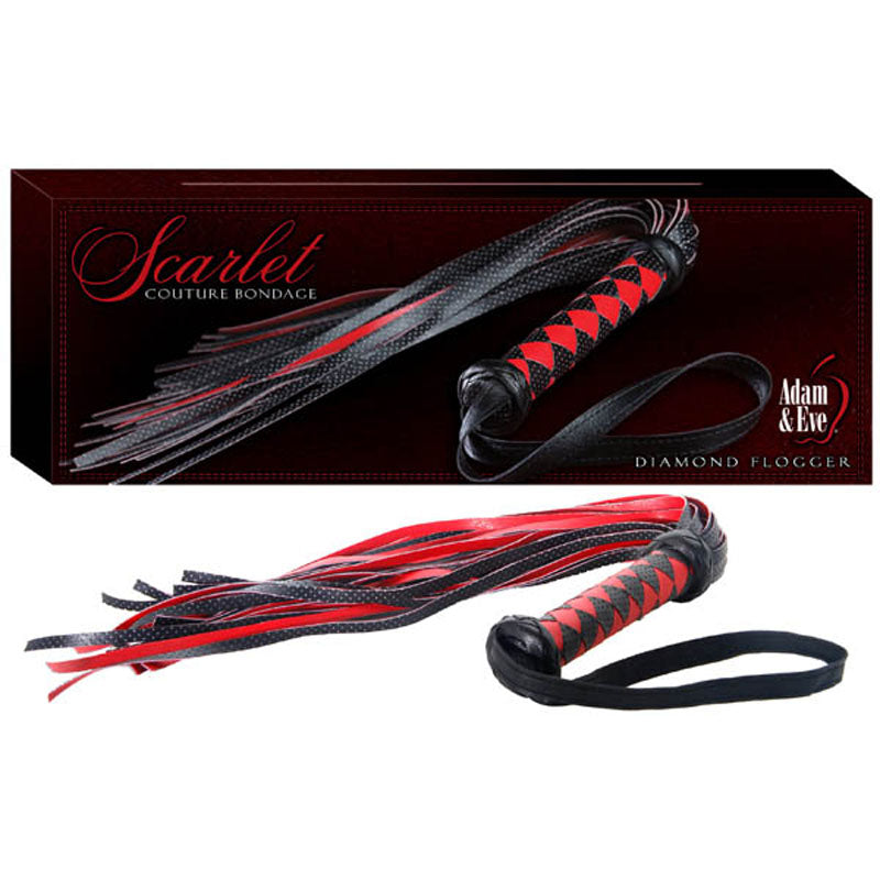 The Adam & Eve Scarlet Couture Diamond Flogger features a black and red vegan leather design with a braided handle and multiple tassels. Its diamond-patterned handle is ideal for kinky fantasies, accompanied by a box labeled Scarlet Couture Bondage and Adam & Eve Diamond Flogger, matching its color scheme.