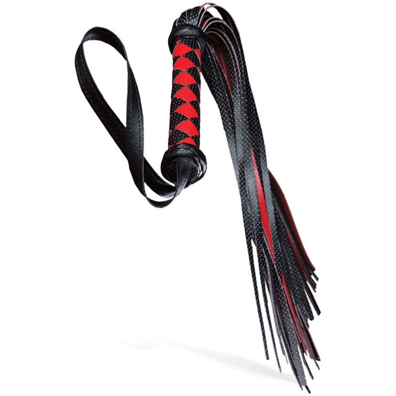 The Adam & Eve Scarlet Couture Diamond Flogger features a black handle with a red and black diamond pattern, crafted from vegan leather. It includes multiple black tails with red accents for kink exploration, complete with a hanging loop and elegantly spreading long tails.