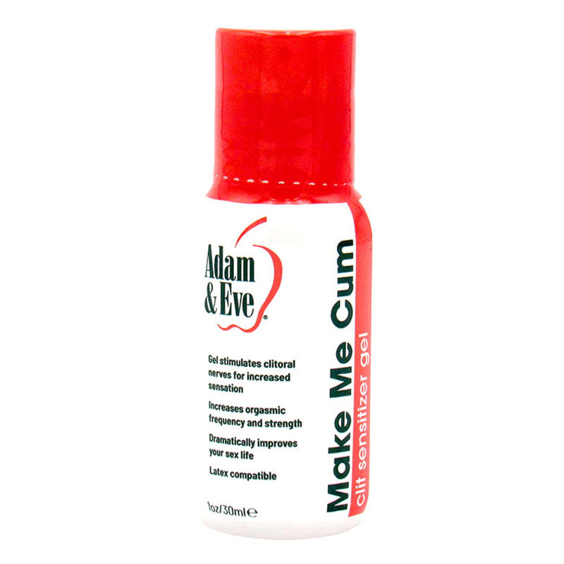 The Adam & Eve Make Me Cum Clitoral Sensitiser Gel for Women comes in a 30 ml bottle featuring a white background with a red apple graphic and red cap. The label highlights benefits like increased sensitivity, orgasmic frequency boost, and latex compatibility.