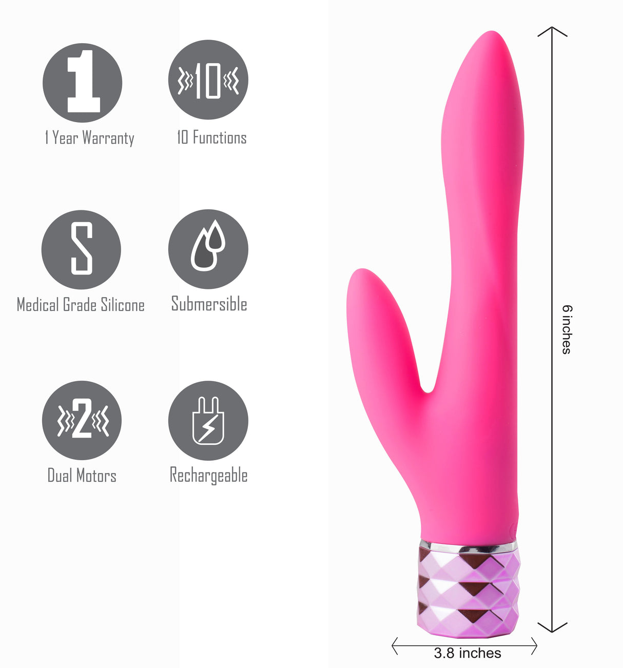 The Maia Victoria is a pink dual-motor rabbit vibrator with a ribbed metallic base, offering dual vibration modes and 10 functions. It features waterproof, medical-grade silicone, is USB rechargeable, and comes with a one-year warranty. Size: 15.2 cm tall, 9.7 cm wide. Icons are on the left to illustrate features.