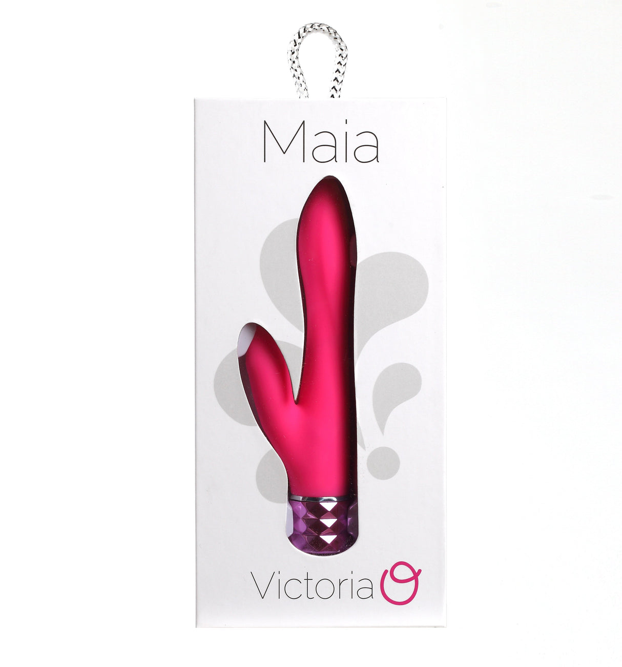 The image shows the Maia Victoria - Pink 15.2 cm USB Rechargeable Rabbit Vibrator from VictoriaG. It has dual vibration, a diamond-patterned silver base, and a white-and-black handle. Packaged in a white box with a clear window, it includes a main part and smaller extension.