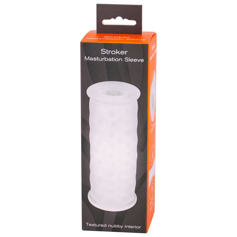 The packaging of the Seven Creations Stroker - Clear Masturbator Sleeve features a cylindrical white textured TPE sleeve, with a black and orange box that shows product images and descriptions. The label highlights its textured nubby interior, and it has a convenient hanging tab.