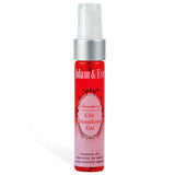 A red bottle with a white pump labeled Adam & Eve Clit Sensitiser Gel - Strawberry Flavoured Female Enhancer - 29 ml features decorative elements and highlights its ability to increase orgasmic frequency by enhancing clitoral sensitivity for more powerful, kissable gel-induced orgasms.