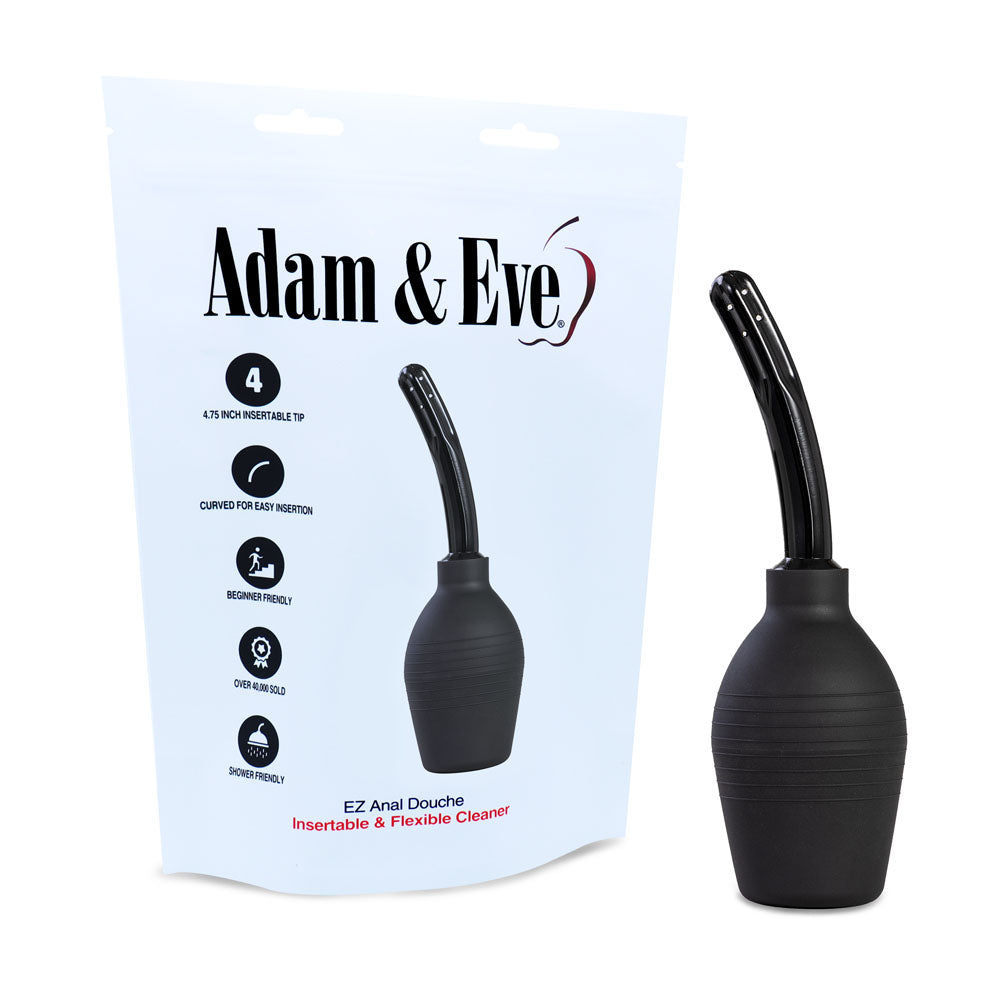 The image shows the Adam & Eve Ez Anal Douche - Black with a black rubber bulb and slender, curved nozzle. The packaging highlights its 4.75-inch insertable tip, easy use, and flexibility for optimal cleansing water flow, all against a white backdrop.