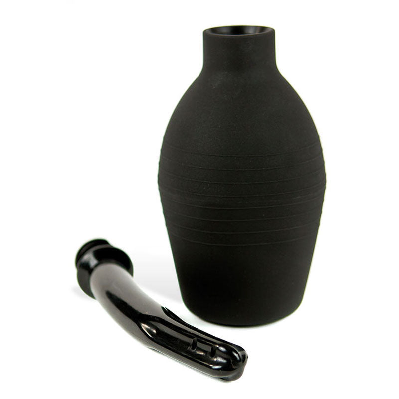 The Adam & Eve Ez Anal Douche - Black features a ribbed, rounded matte black bulb with an unattached shiny smooth nozzle for anal douching, highlighting a narrow opening at the top.