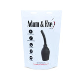 The Adam & Eve Ez Anal Douche is presented in a sealed white pouch, featuring a black bulb and a 4.5-inch insertable nozzle with curved tip. The comfortable design and easy-to-squeeze functionality make it ideal for cleansing water procedures, as highlighted on the packaging.