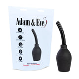 The product image showcases the Adam & Eve Ez Anal Douche - Black Douche. On the left, its packaging is shown; on the right, a ribbed black rubber bulb with a glossy 4.75-inch curved nozzle for effective cleansing action.