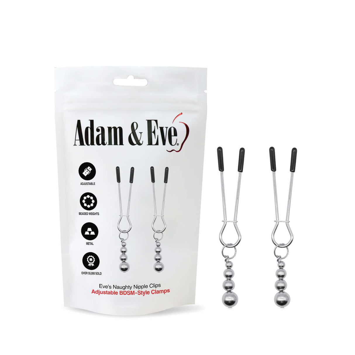 The image shows a package of Adam & Eve Eves Naughty Nipple Clips - Set of 2 beside the product. The silver clamps with black tips, adorned with metal beads, are ideal for erotic stimulation. Packaging icons emphasize their BDSM style and adjustability.