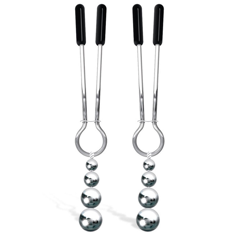 The Adam & Eve Eves Naughty Nipple Clips set includes two metal clips with black rubber handles. Each features a cascading design of three progressively smaller silver spheres hanging from circular loops, resembling adjustable clamps for added versatility.