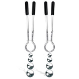 The Adam & Eve Eves Naughty Nipple Clips set includes two metal clips with black rubber handles. Each features a cascading design of three progressively smaller silver spheres hanging from circular loops, resembling adjustable clamps for added versatility.