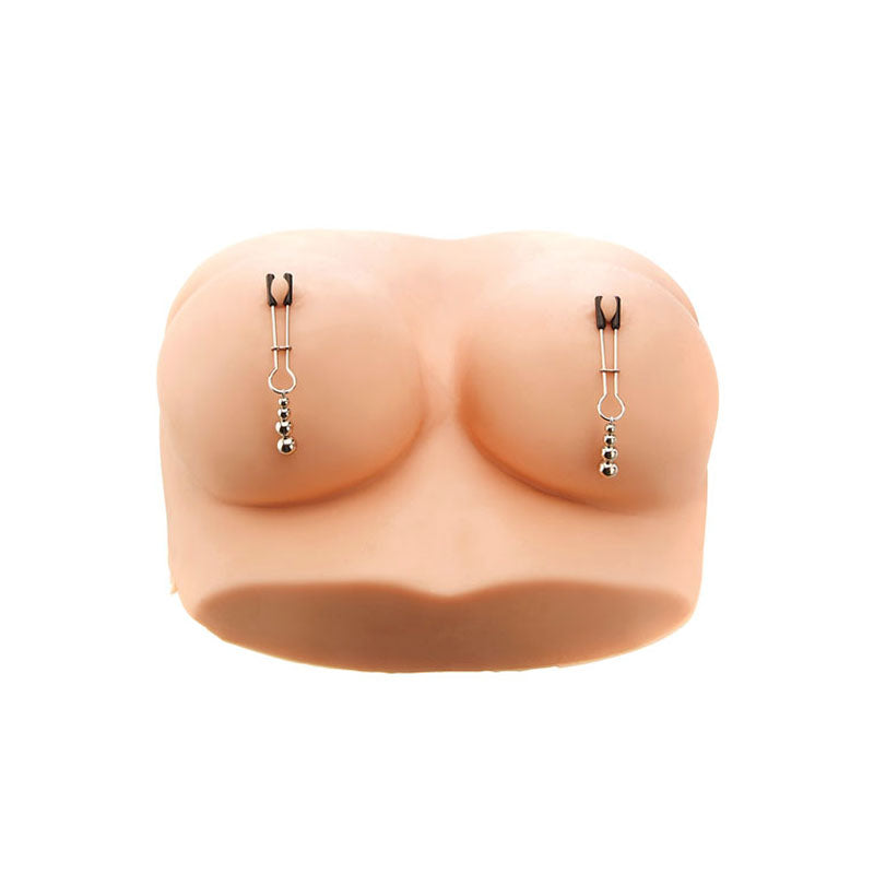 Adam & Eve Eves Naughty Nipple Clips - Set of 2 features rubber models of female breasts with adjustable clips, each having dangling barbells with small spheres, ideal for kinky couples play, all against a plain white background.