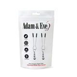 The packaging for Adam & Eve Eves Naughty Nipple Clips - Set of 2 features a sleek white background with images of adjustable stainless steel clips, highlighting their ergonomic clamps and erotic stimulation benefits, boasting over 50,000 units sold.