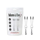 White packaging with Adam & Eve in bold black letters includes icons for adjustable features. The packaging reveals metal nipple clamps with black tips and three silver balls hanging. Ideal for kinky couples, these adjustable BDSM-style clips promise excitement in the bedroom.