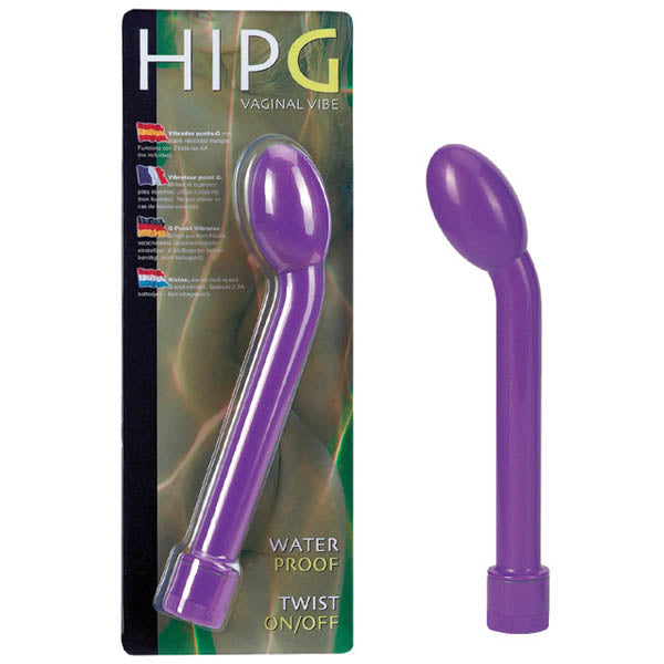 The image shows a purple, curved Hip G - Purple 21 cm (8.25) vibrator with a bulbous end next to its packaging labeled HiPG Vaginal Vibe. Features include waterproof and twist on/off, and it uses AA batteries, with text in multiple languages against a green background.