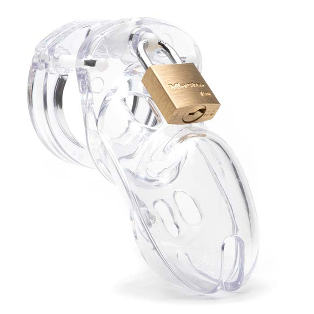 The CB-3000 Chastity Cock Cage Kit combines a custom fit with round openings and slots, a secure clear plastic design, and an engraved brass padlock for added security, all ergonomically designed for male use.