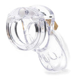 The CB-3000 Chastity Cock Cage Kit is a transparent 3-inch device with a curved, ergonomic design. It features side ventilation holes and a secure locking mechanism at the top, offering discreet wear and a custom fit while revealing its interior structure.