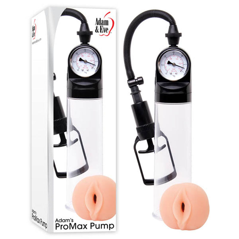 The package displays the Adam & Eve Adams Promax Pump—a clear cylindrical penis pump with a black handle and pressure gauge, featuring a pink realistic silicone entry sleeve. The box includes an image of this vacuum enhancement product and the Adam & Eve logo at the top.