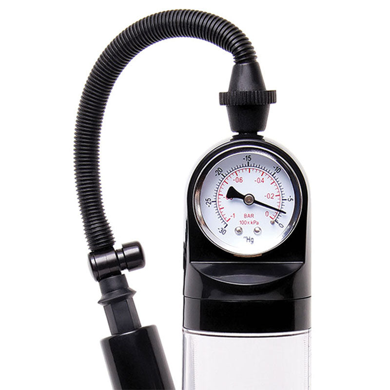 Close-up of the Adam & Eve Adams Promax Pump, a clear penis pump with a silicone entry and pressure gauge in bars and Psi. It has glossy black housing, a flexible black hose, and a cylindrical handle for effective vacuum enhancement.