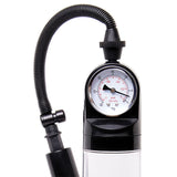 The Adam & Eve Adams Promax Pump features a black top with a flexible corrugated hose, a clear cylindrical body marked in red and black, and a round gauge displaying measurements in bar and InHg, offering an efficient penis pump experience.