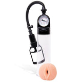 The Adam & Eve Adams Promax Pump features a clear cylindrical design with a black pressure gauge and handle attached by a flexible tube. It includes a realistic silicone entry resembling human anatomy for ensured comfort and functionality.