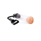 The Adam & Eve Adams Promax Pump is a clear cylindrical penis pump featuring a beige skin-like rubber attachment and realistic silicone entry for vacuum enhancement. It includes a black manual pump handle connected by a flexible tube, all set against a white background.