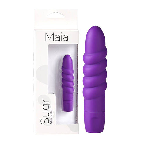 The image shows a purple Maia Sugr mini bullet vibrator with a spiral texture and sleek white packaging. The box displays Sugr by Maia. This 9 cm silicone, waterproof device offers pleasurable vibrating pulsations for personal use.