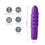 Image of the Maia Sugr - a purple, ribbed 9 cm mini bullet made with medical grade silicone, offering 15 vibration modes. Its waterproof with a 90-day warranty and runs on 1 AAA battery. Measuring 3.5 inches long and 0.7 inches wide, symbols elegantly represent each feature.