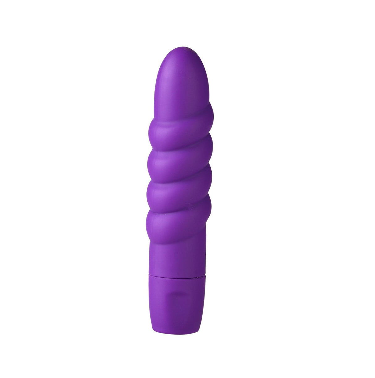 The Maia Sugr - Purple 9 cm Silicone Bullet is a purple cylindrical vibrator with a ribbed spiral shaft, offering pulsations. It has a smooth, rounded top and seamless design, made from soft matte silicone and stands upright against a plain white background.