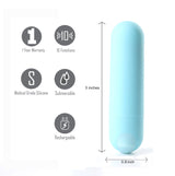 The Maia Jessi - Teal Blue 7.6 cm USB Rechargeable Bullet is a light blue, cylindrical mini vibrator with a rounded top and bottom button, measuring 3 inches by 0.8 inches. It features icons for a 1-year warranty, 10 functions, medical-grade silicone coating, submersible, and USB rechargeability.