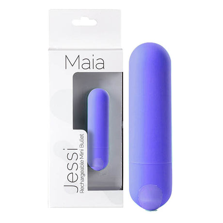 A purple bullet-shaped personal device with a rounded tip and subtle texture is displayed before its white packaging, which features a cut-out showcasing the Maia Jessi - Purple 7.6 cm USB Rechargeable Bullet with Maia text.