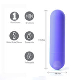 The image shows the Maia Jessi, a purple 7.6 cm mini bullet vibrator with a rounded top. It features medical-grade silicone coating, USB recharging, full submersion capability, and icons for its 10 functions and 1-year warranty.