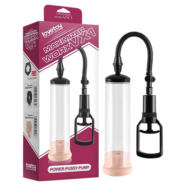 The image showcases a Maximizer Worx VX1 Pussy Pump, featuring a clear vacuum chamber with a black handle and flexible hose to enhance sensitivity and size. Its displayed alongside pink packaging with product imagery and branding.